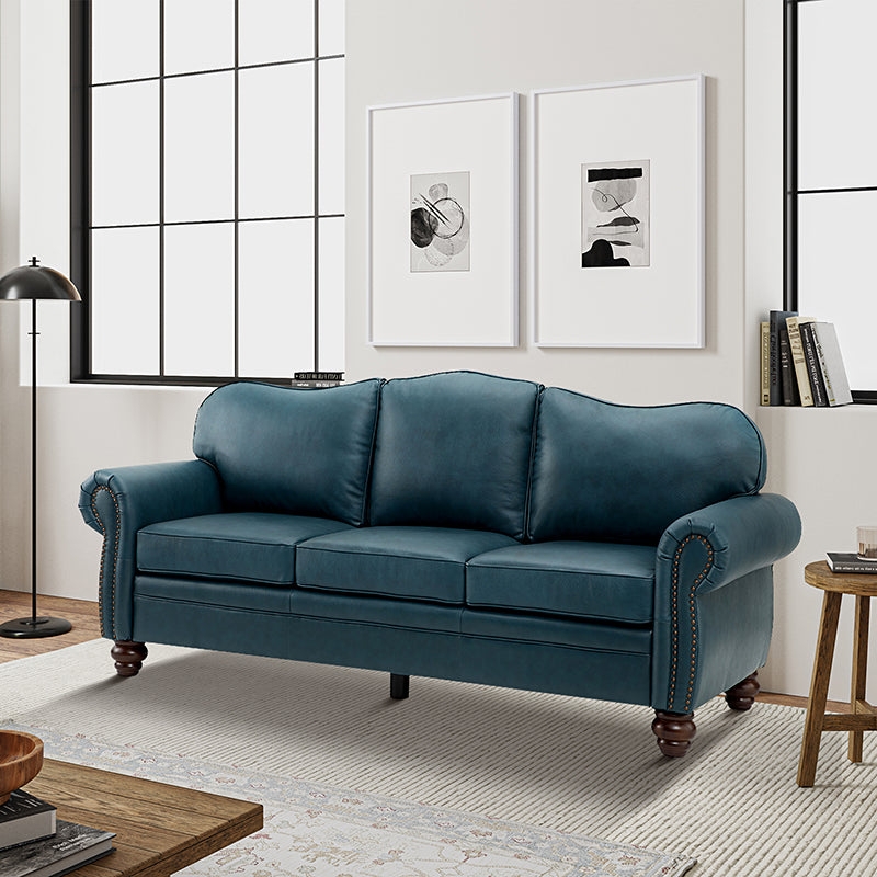 Curved Sofa Turquoise Leather-Like Mid-Century Gold Ferrules