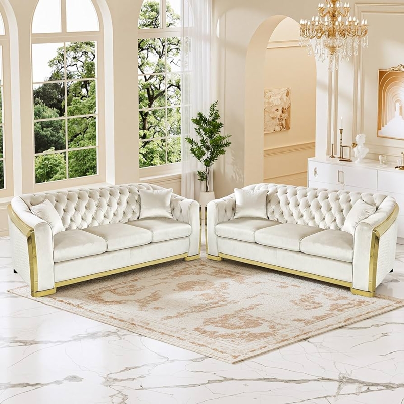 Curved Sofa White Velvet with Gold Legs Glam Living Room Seating