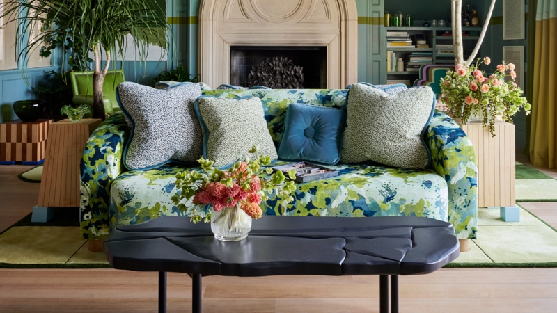 Curved Sofa with Bold Geometric Upholstery in Navy and Cream