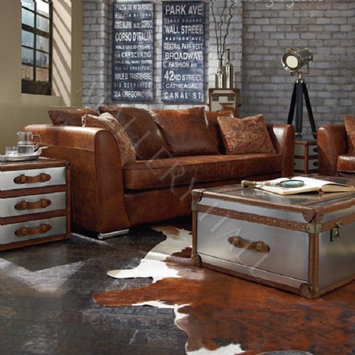Curved Sofa with Single Bench Cushion in Distressed Cognac Finish