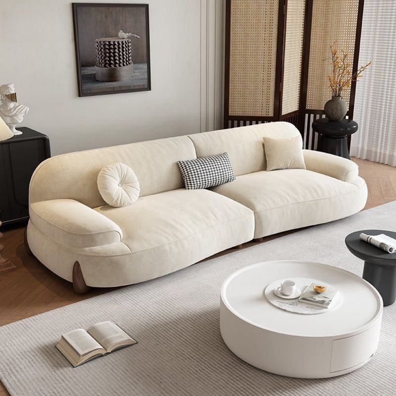 Curved Tuxedo Sofa with Vertical Channel Tufting in Off-White Fabric
