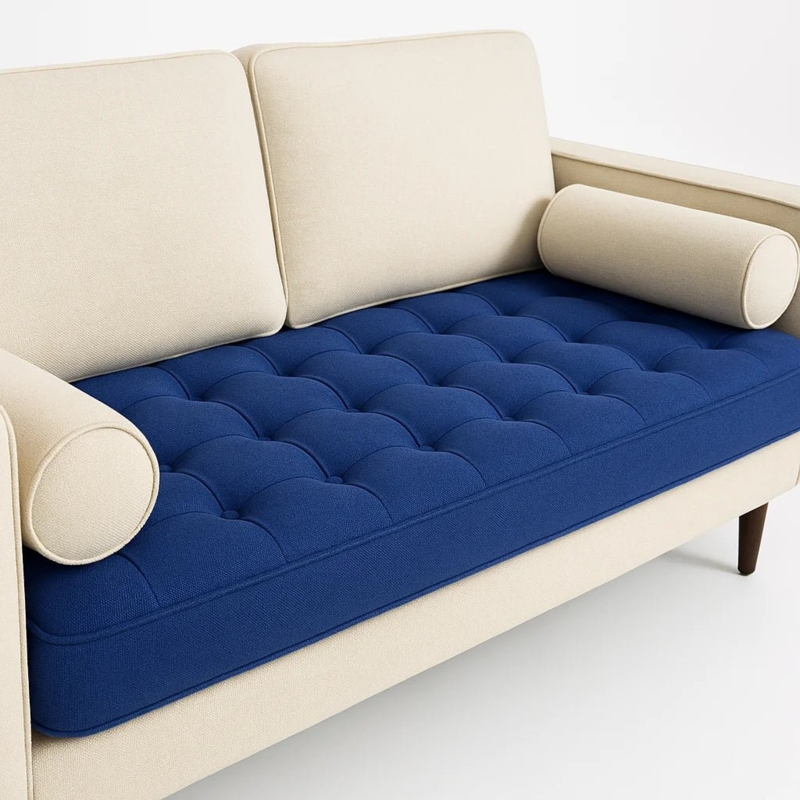 Custom Tufted Bench Cushions in Cream with Piped Edges and Ties