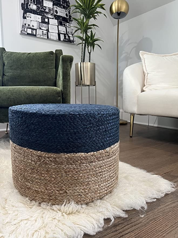 Cylindrical Jute Braid Pouf Ottoman Natural Fiber Footrest
