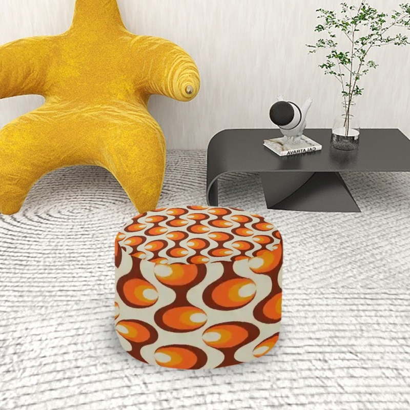 Cylindrical Ottoman Retro Mod Orange Orb Geometric Pattern MCM Style