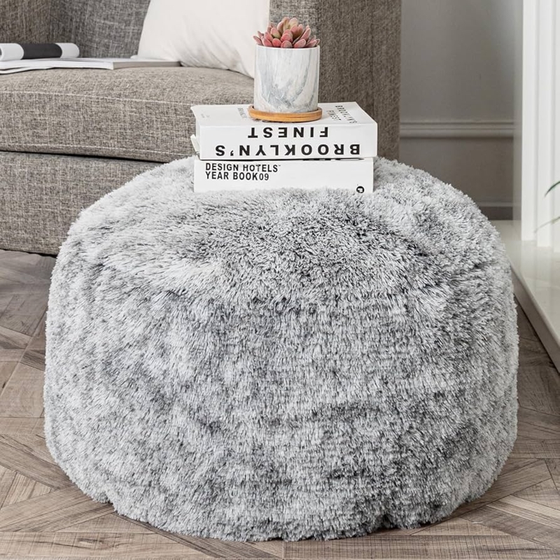 Cylindrical Pouf, Carry Handle, Heathered Gray Woven Texture, Boho Style