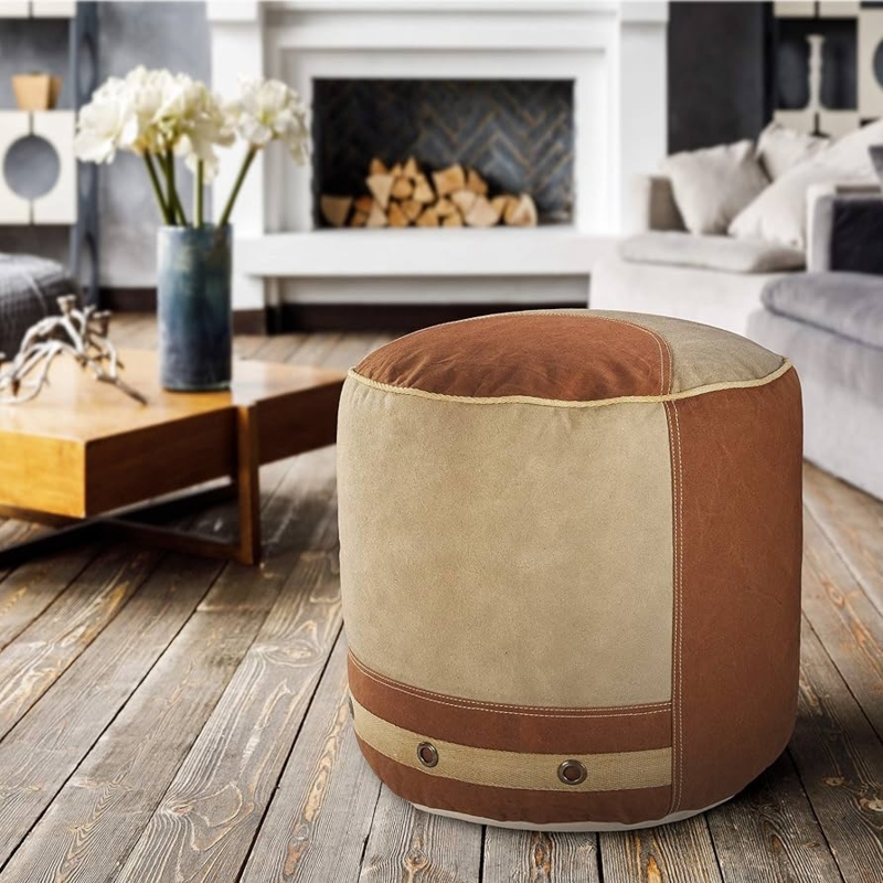 Cylindrical Pouf, Chunky Woven Two-Tone Color Block Ottoman