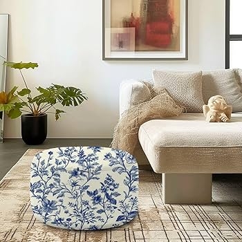 Cylindrical Pouf Ottoman Blue White Toile De Jouy Pastoral Pattern