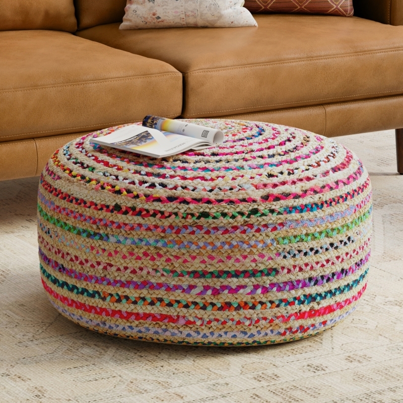 Cylindrical Pouf Ottoman Chunky Braided Woven Cord Natural Cream Boho