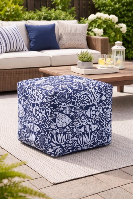 Cylindrical Pouf Ottoman Coastal Fish Coral Pattern Navy White Outdoor