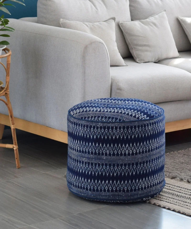 Cylindrical Pouf Ottoman Indigo Batik Hmong Tribal Textile Bohemian