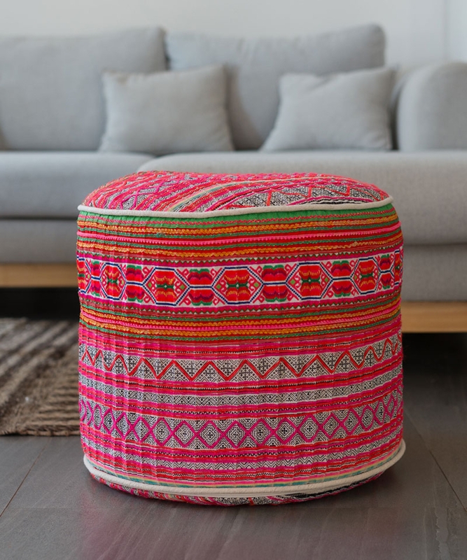 Cylindrical Pouf Ottoman Vintage Embroidered Hill Tribe Textile Handle
