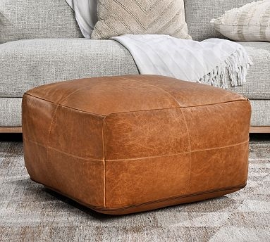 Cylindrical Pouf Warm Cognac Visible Seams, Minimalist Floor Seating