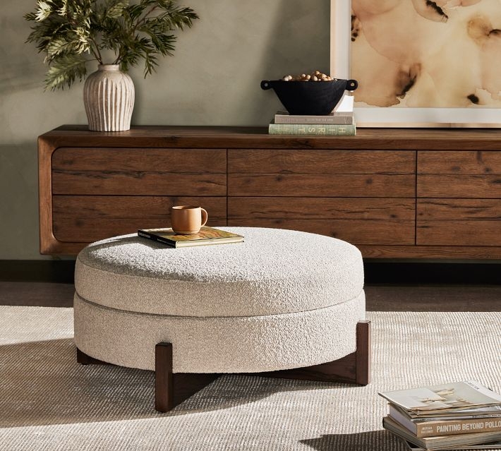 Cylindrical Storage Ottoman in Sattley Fog Grey Fabric