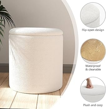 Cylindrical Storage Ottoman Set White Boucle Texture Poufs