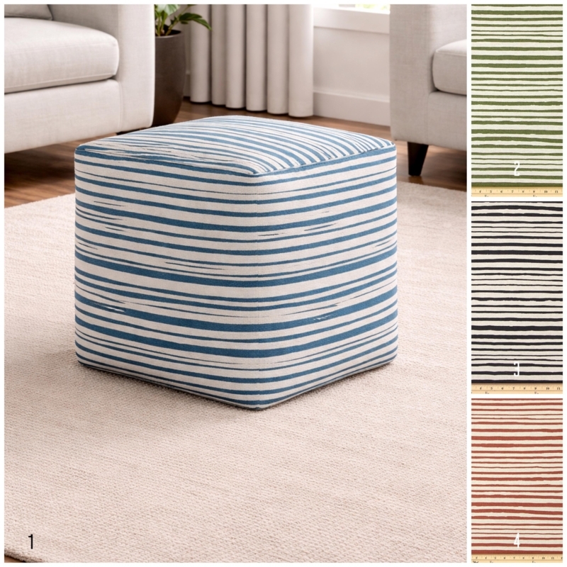 Cylindrical Striped Pouf with Side Handle, Modern Seat