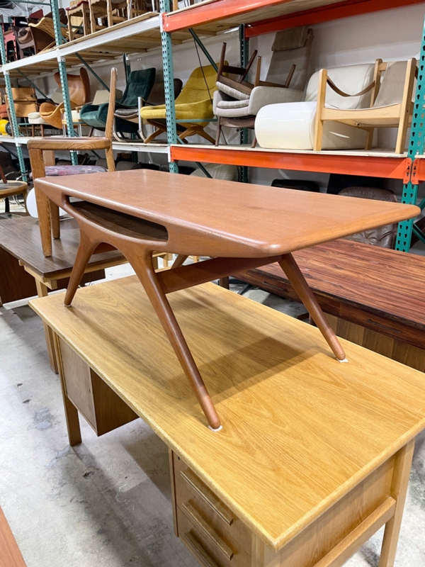 Danish Teak Coffee Table, Curved Stretchers, Tapered Legs, Smile Style.