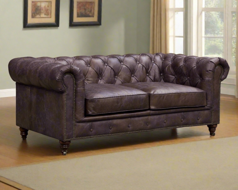 Dark Brown Chesterfield Loveseat with Deep Button Tufting & Nailhead Detail