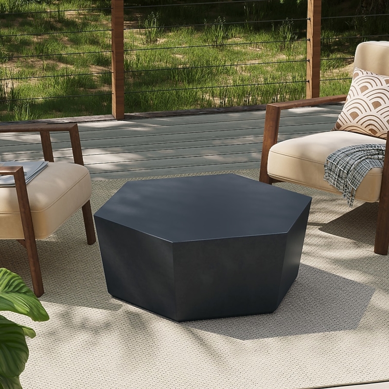 Dark Brown Hexagonal Outdoor Coffee Table, Slatted Top Wood-Look Resin