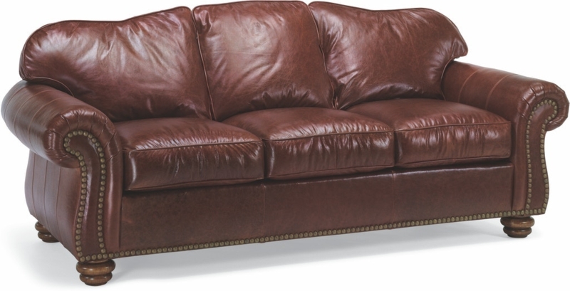 Dark Brown Leather-Like Sofa, Boxed Cushions, Block Feet, Nailheads