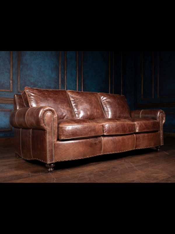 Dark Brown Leather-Like Sofa with Nailhead Trim and Bun Feet