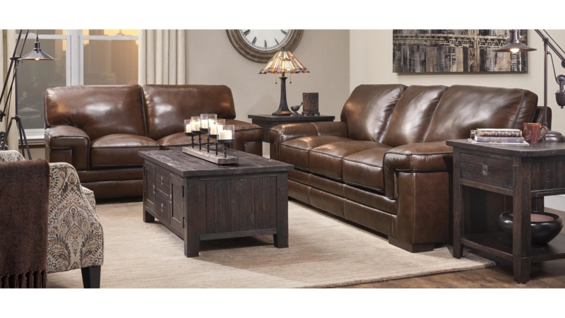 Dark Brown Loveseat featuring Boxed Cushions and Exposed Stitching Details