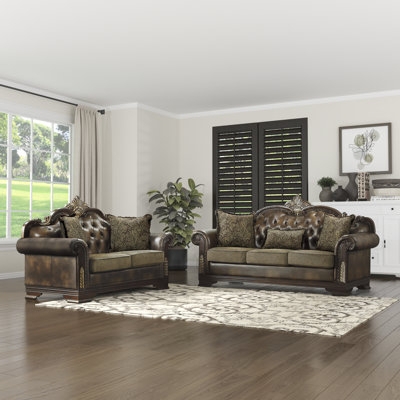 Dark Brown Mixed Material Living Room Set Nailhead Damask Cushions