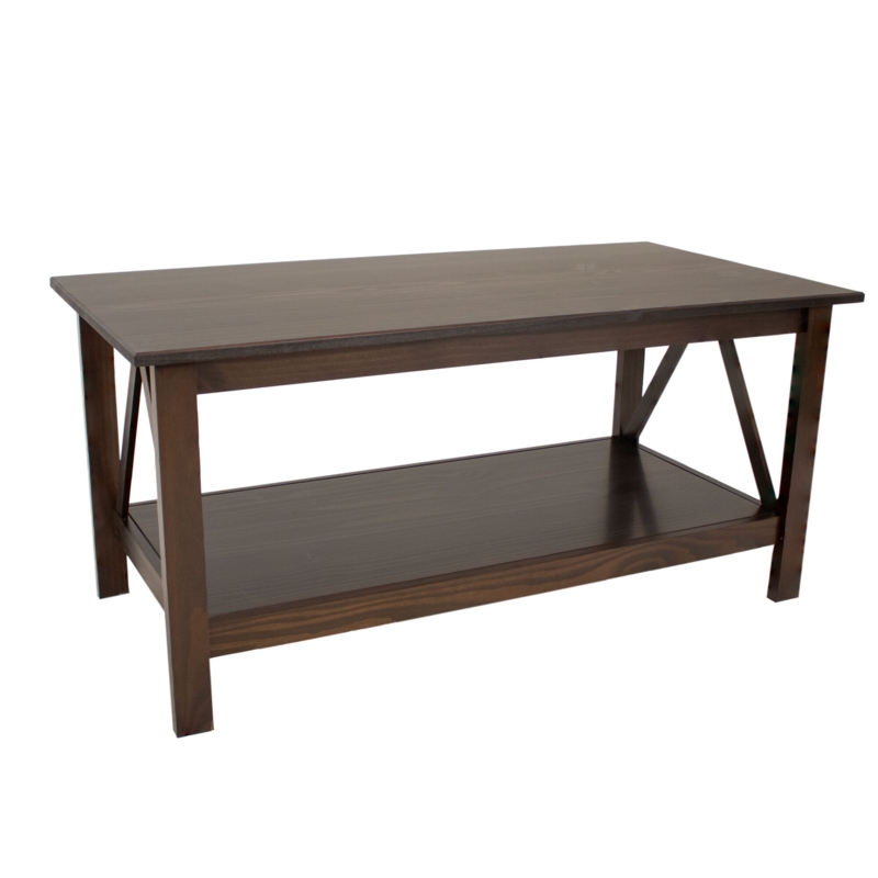 Dark Brown Wood Coffee Table with Open Storage and Plank-Style Top