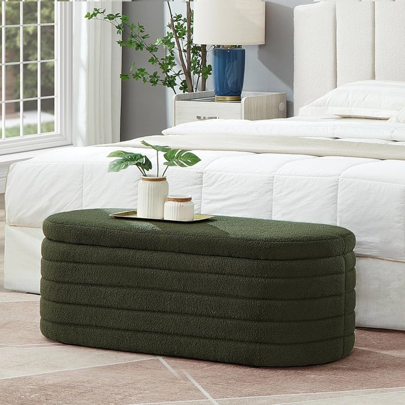 Dark Green Boucle Oval Storage Bench with Flip Top Lid