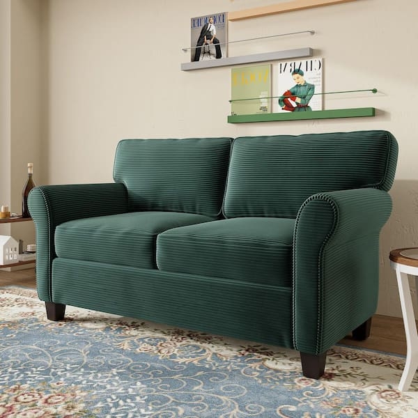 Dark Green Corduroy Loveseat with Ribbed Texture and Rounded Arms