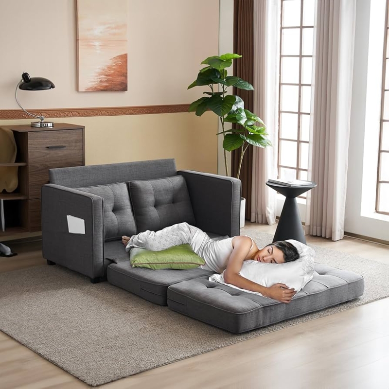Dark Grey Armless Sleeper Loveseat with Tapered Wood Legs