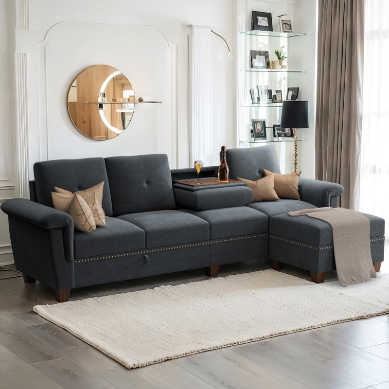 Dark Grey L-Shaped Sectional Sofa with Cup Holders Tufted Back