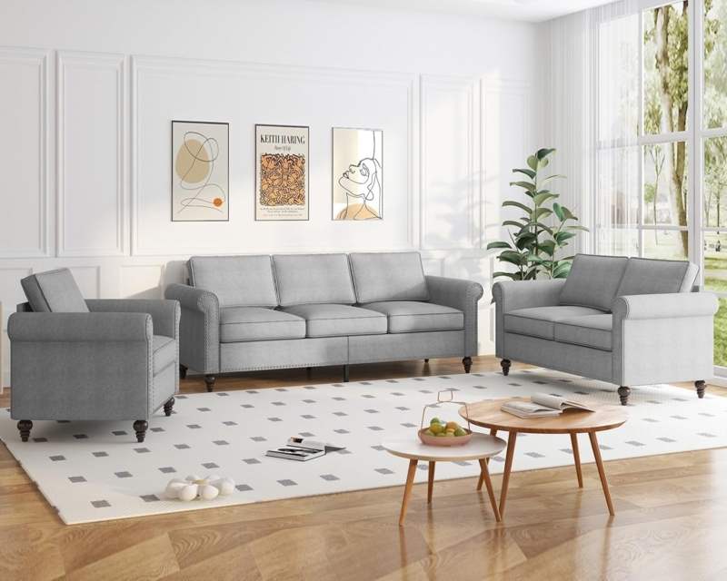 Dark Grey Living Room Set Tapered Wood Legs Minimalist Layout