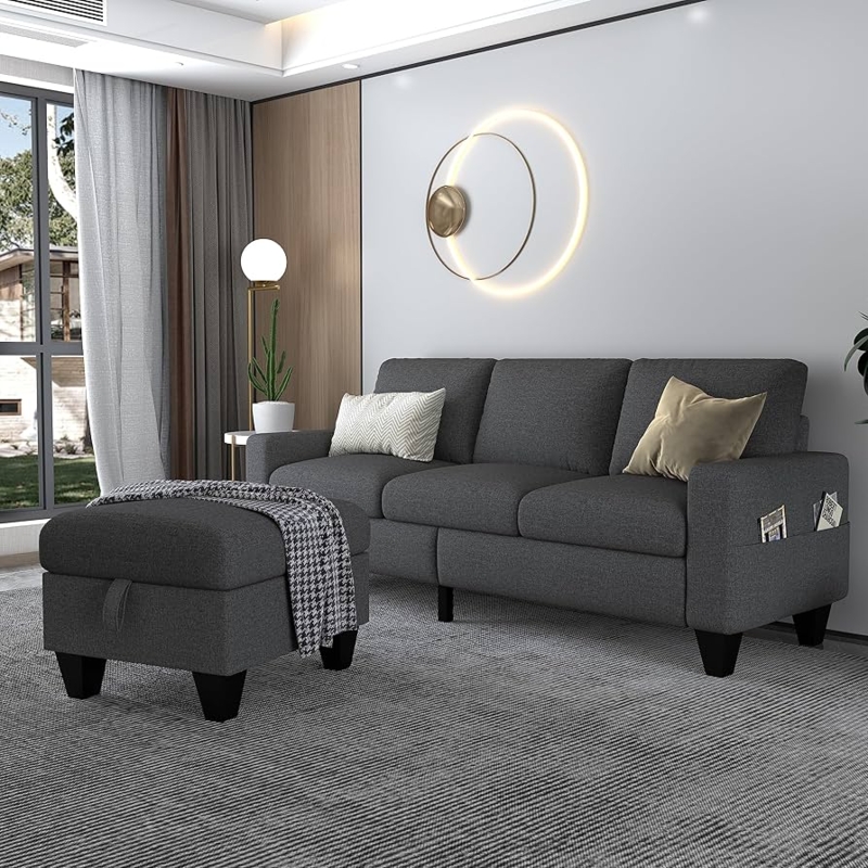 Dark Grey Sectional Sofa with Convertible Chaise and Storage Pockets