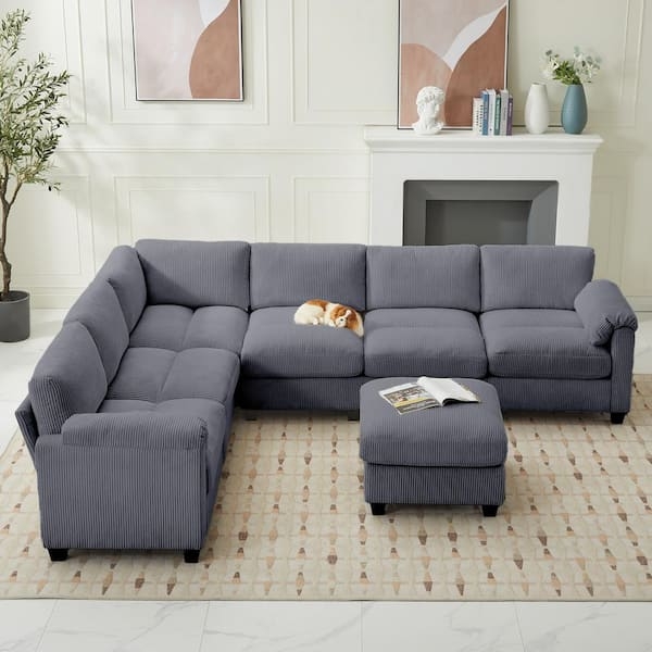 Dark Grey Tight Back Sectional Sofa Woven Fabric Minimalist Layout