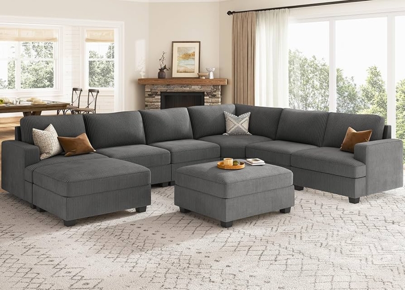 Dark Grey U-Shaped Sectional, Corduroy Texture, Deep Seating
