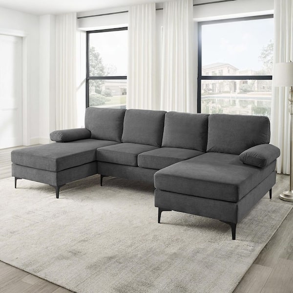 Dark Grey U-Shaped Sectional Sofa featuring Blocky Silhouette