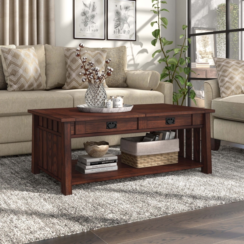 Dark Oak Lift-Top Coffee Table with Hidden Storage