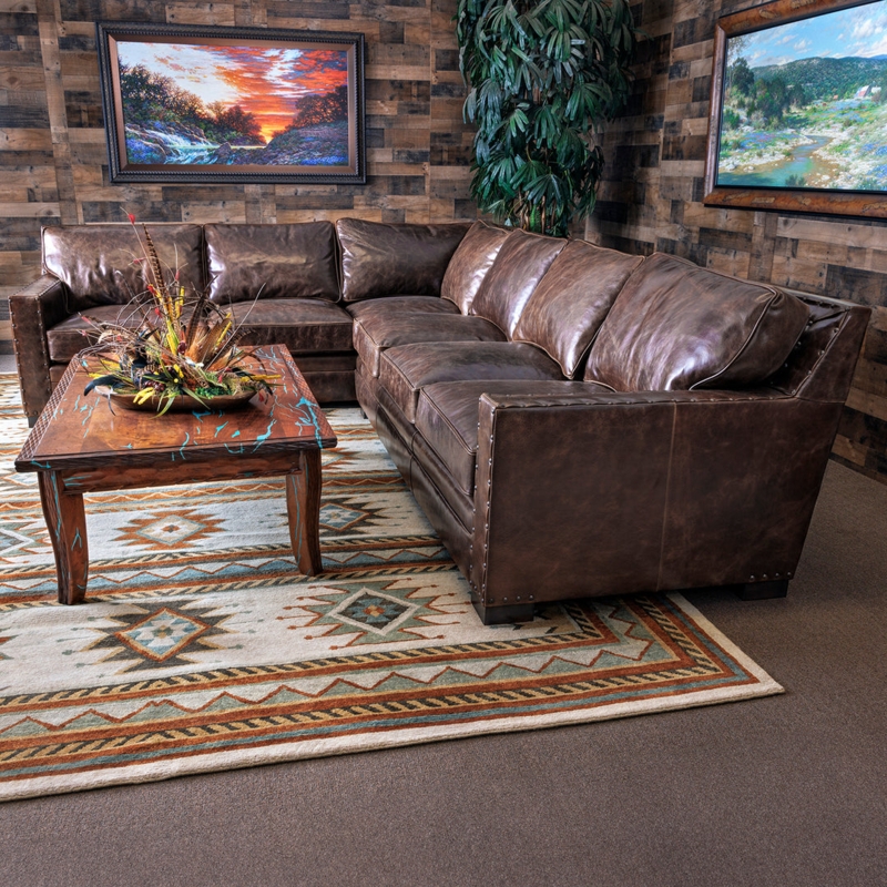 Dark Rum Leather Sectional Wide Track Arms Rustic Modern
