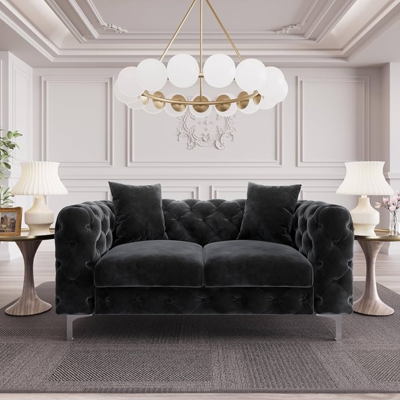 Deep Button Tufted Loveseat Black Velvet Contemporary Glam Seating