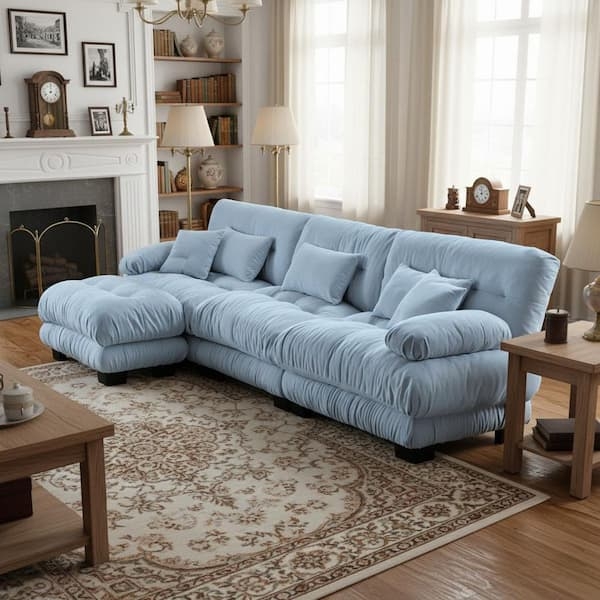 Deep Seat Sectional Sofa Ice Blue Chenille Modular 4-Piece