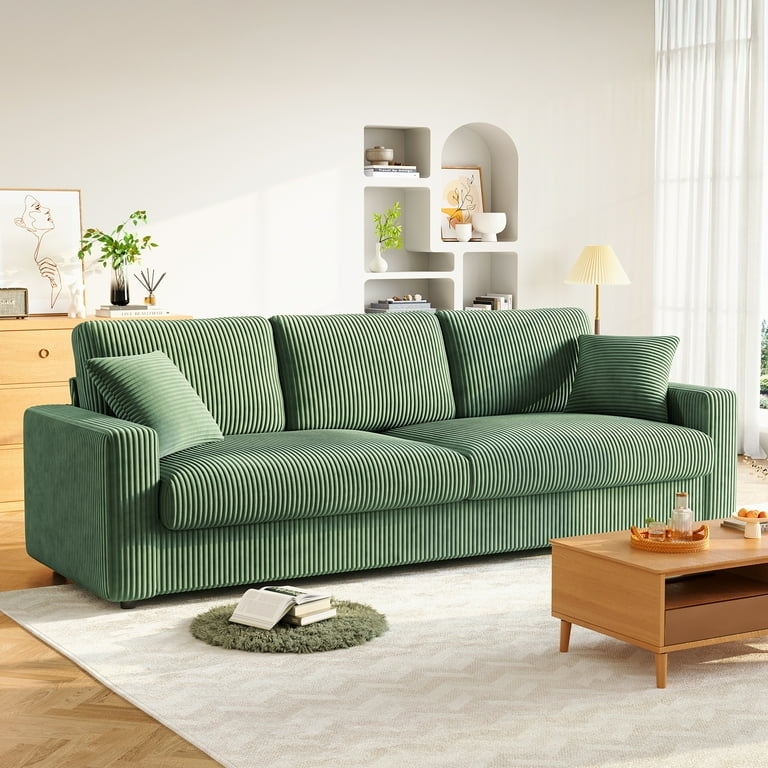 Deep Seat Sofa In Forest Green Corduroy With Wide Block Arms.