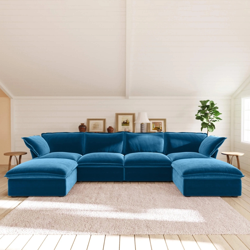 Deep Seating Sectional Sofa U-Shaped Navy Blue Velvet Cloud Modular