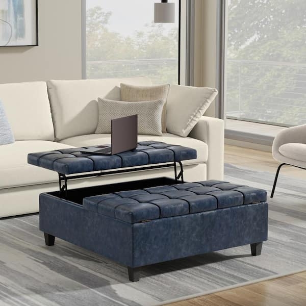Denim Blue Square Storage Ottoman, Button Tufting