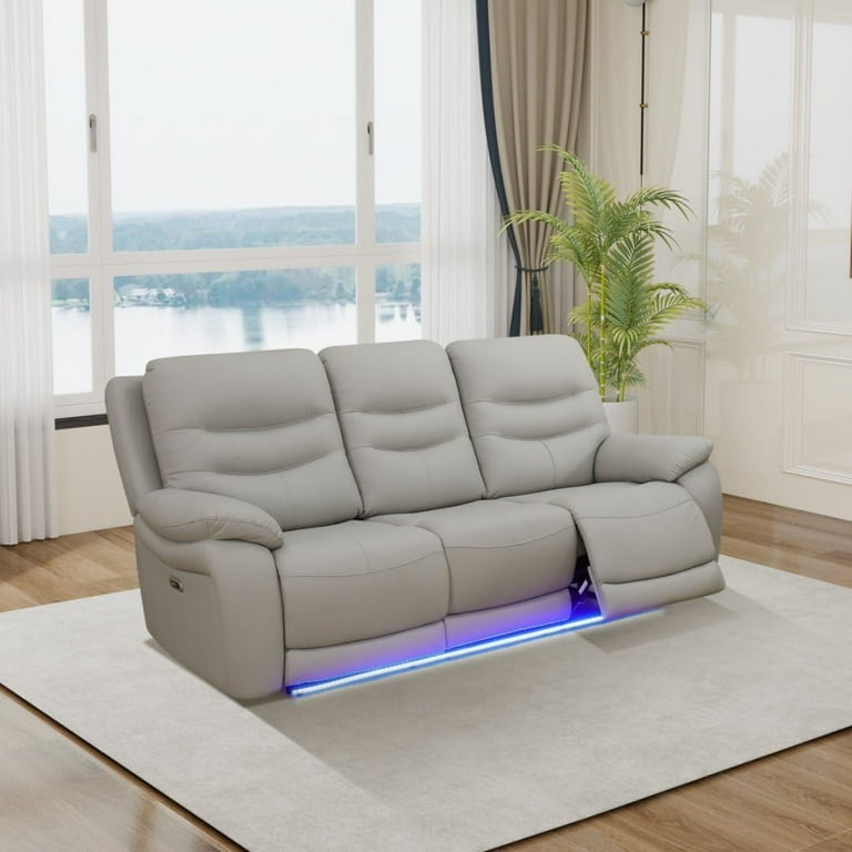 Diamond Quilted Reclining Sofa with USB Port in Light Grey Leather-Like.