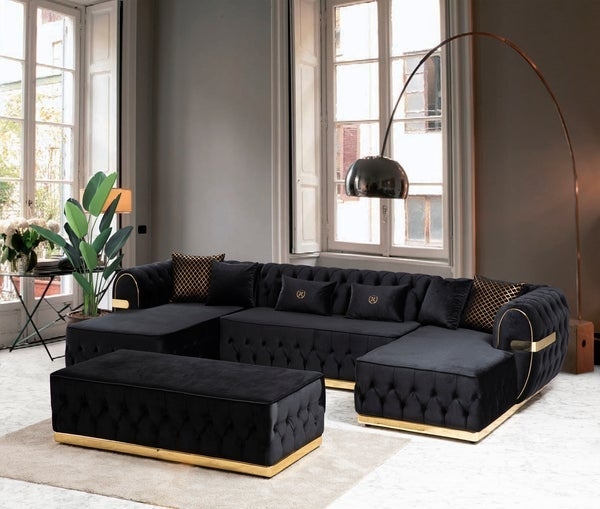 Diamond Tufted Velvet-Like Sectional Sofa with Double Chaise U-Shaped