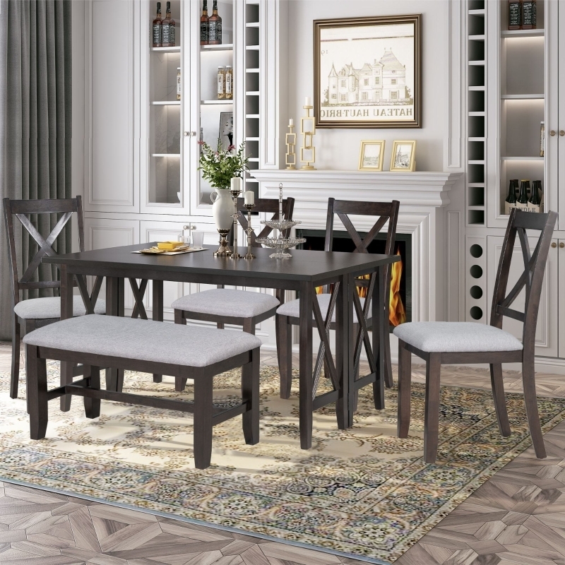 Dining Room Set 6-Piece Espresso Ladder Back Bench Transitional