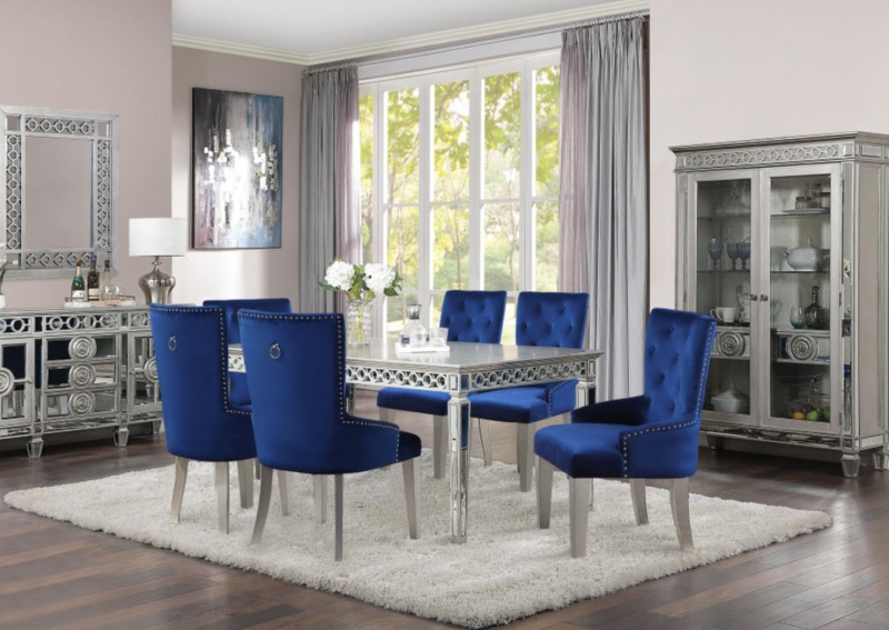 Dining Table Mirrored Finish with Beaded Trim Glam Formal Set