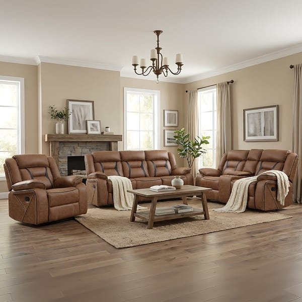Distressed Brown Reclining Sofa Set with Nailhead Trim