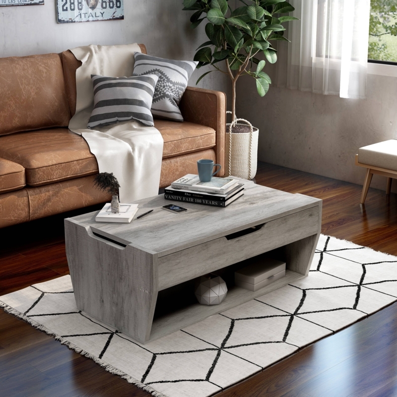 Distressed Gray Coffee Table with Side Niche and Block Base