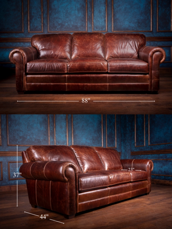 Distressed Leather-Like Sofa, Wide Track Arms, Rustic Modern Style
